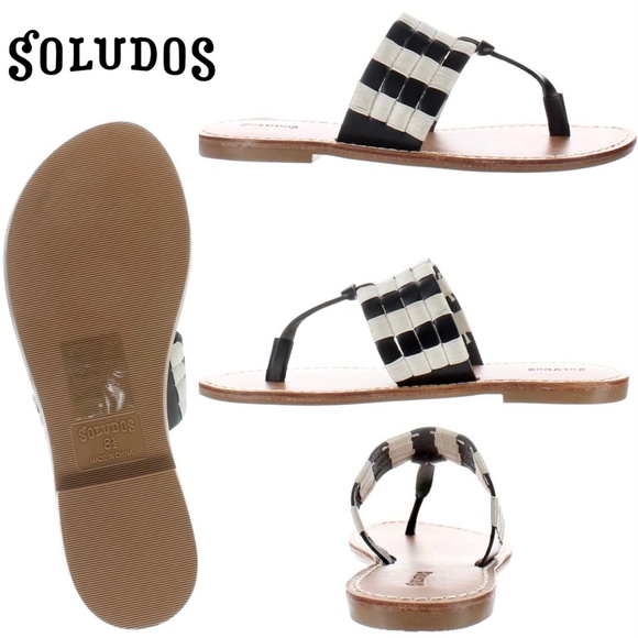 Soludos Black Leather White Flat T-strap Slide Sandals Womens Fashion Shoes 8.5 - Picture 2 of 2